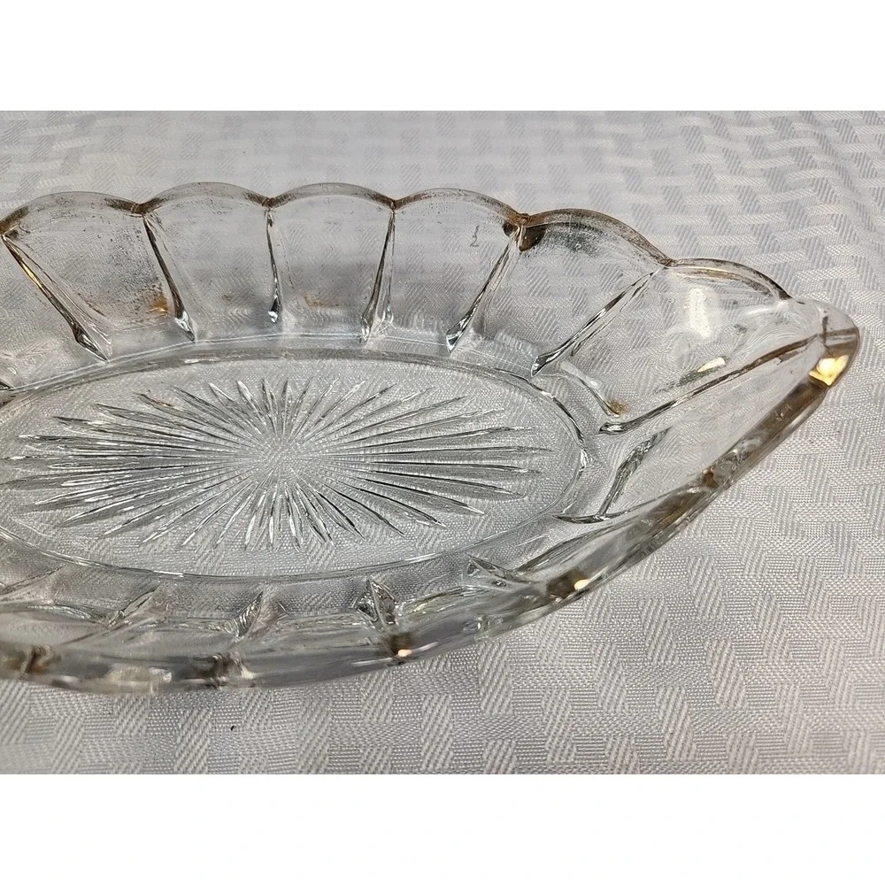 Vintage Pressed Glass Oval Relish Dish Scalloped Gold Brushed Rim Starburst Base
